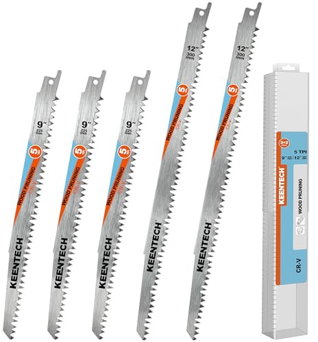 KEENTECH 9 und 12 Zoll Cr-V Säbelsägeblatt-Set, 5 TPI, für Holzschneiden und Baumschnitt, kompatibel mit Milwaukee Sawzall und anderen Säbelsägen (5er-Pack)