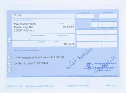 Privatrezepte Blau 5000 Stück DIN A6 | PKV Rezeptvordruck für Ärzte, Heilpraktiker & Praxen | chipkartengerecht | Rezeptformular ohne Leimung | Made in Germany