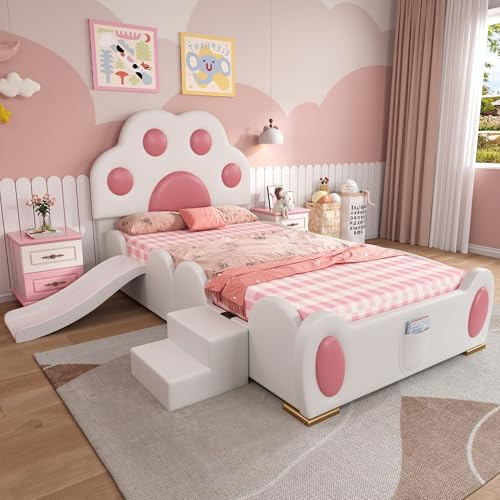 Zepneiy Lit Enfant avec tête de lit en Forme de Patte de Chat de Dessin animé, Lit Rembourré 90x200 cm avec Toboggan pour Enfant et échelle à Deux Niveaux, Blanc et Rose (sans Matelas)