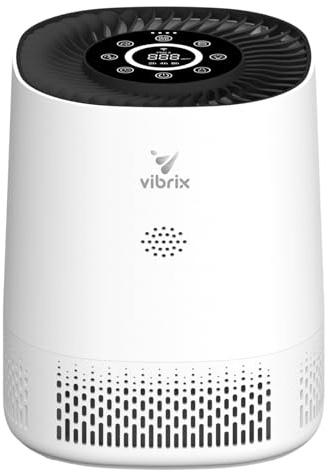 Vibrix PureFlow15 - Purificatore d'aria bianco 6-in‑1 con HEPA H13, carbone attivo, UV e ionizzatore, 25-50 dB Silenzioso, CADR 100 m³/h, fino a 15 m², Wi-Fi/app, automatico, modalità sleep, USB‑C