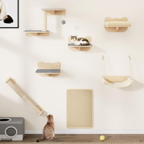 YITAHOME Set da parete per gatti in legno robusto, 7 ripiani con scale, tiragraffi e assi per dormire, giocare e riposare