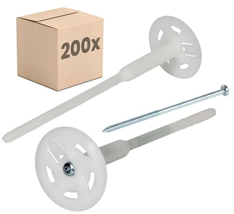 PROTEKTOR 200x Dämmstoff-Schraubdübel Ø8 x 260mm | WDVS Dübel für Fassadendämmung, für Wärmedämmverbundsysteme, für Styropor und Mineralwolle, Tellerdübel, Isolierdübel