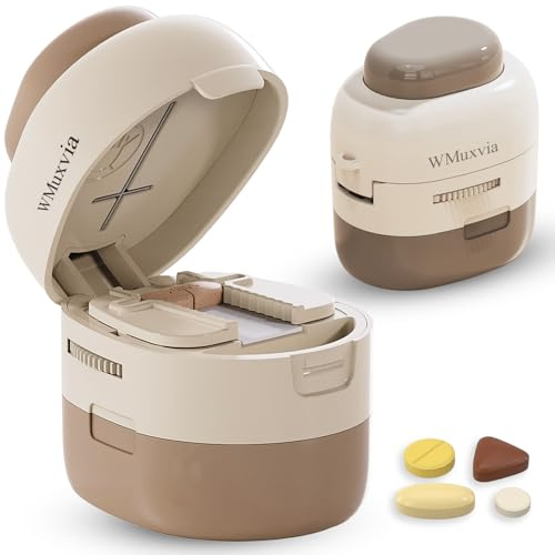 Pill Cutter Splitter with Storage Box, Adjustable Vertical Press Pill Splitter for Small/Tiny Pills Vitamins Tablets, 1/2 & 1/4 Precise Cutting, Hidden Sharp Blade, Multi-Pill Cutting Design