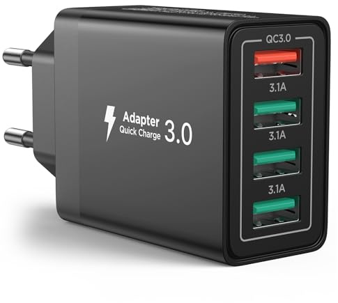 USB Ladegerät, 4-Port Schnellladegerät Stecker mit QC 3.0 Netzteil Ladeadapter Mehrfach USB Ladegerät für iPhone 17/16/15/14/13 Pro Max, Samsung Galaxy S24/S23/S21/A-Serie, Huawei, iPad, Tablets