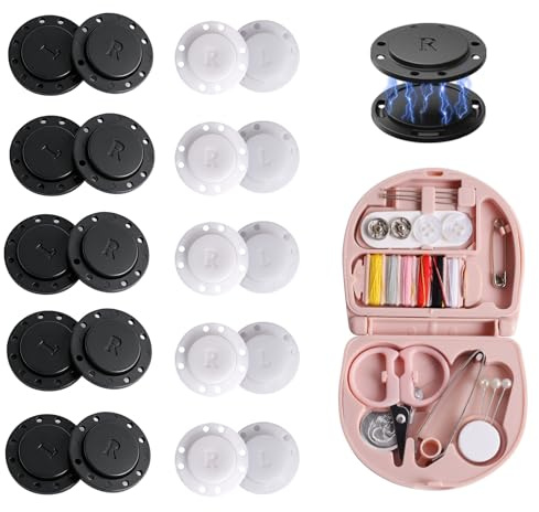 10 Paar Magnetknöpfe zum Annähen Schwarz 26mm Weiß 22mm Magnetverschluss mit Mini Nähset für DIY Nähen Kleidung Tasche Strickjacke