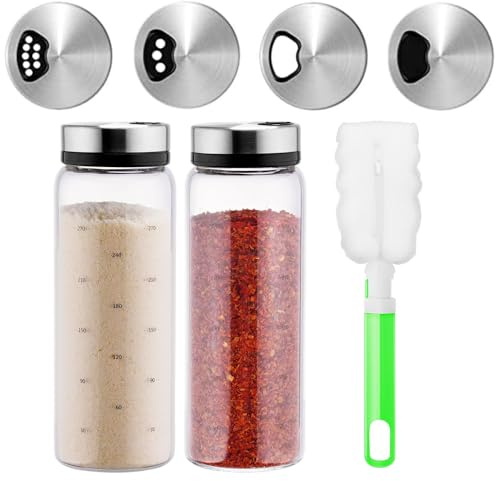 2 Stück Gewürzgläser 300ml mit Streueinsatz + Reinigungsbürste, Borosilikatglas Gewürzstreuer mit 4 Gewürzlöchern für Küche Grillen BBQ Kochen, Salzstreuer Gewürzdosen (Gewürzgläser mit 4 Löchern)