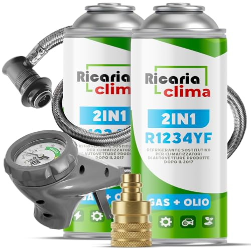 Ricaria Clima - Gas refrigerante sustituto R1234yf con Aceite, Manguera y Adaptador YF – Recarga para Aire Acondicionado de automóvil – 2 x 235 g – Eco
