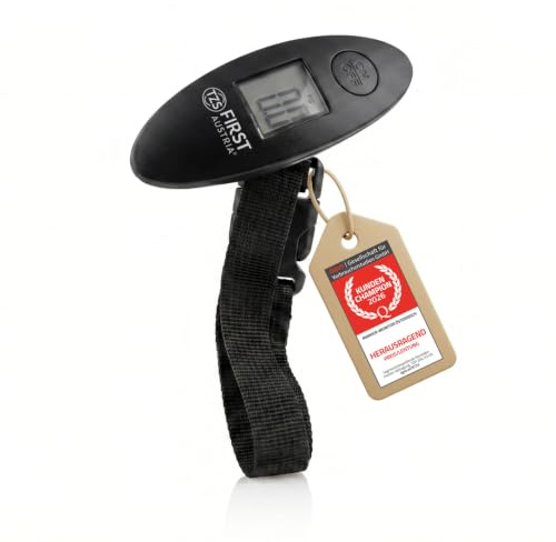 TZS First Austria - Tragbare Digitale Kofferwaage - bis 40 kg, Einheiten kg/lb - Gepäckwaage mit Tara-Funktion, Überlastungsanzeige, Auto-Off & LCD-Display - Praktisch für Reisen - Schwarz