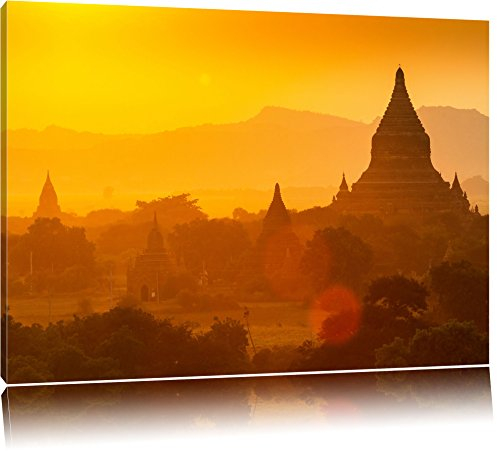Pixxprint Buddha Tempel im Sonnenuntergang, Größe: 100x70cm, Leinwandbild, fertig gespannt, Wandbild, Dekoration, Kunstdruck, kein Poster