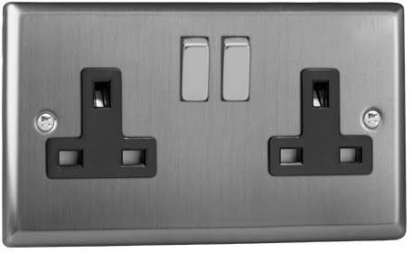 Varilight Double Switched Plug Socket - Classic Brushed Steel With Brushed Steel/Black Insert, XT5DB