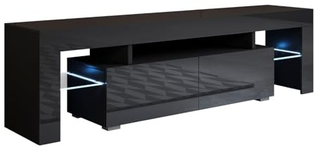 MB Muebles Bonitos, Meuble TV Unai avec Lumière LED pour Salon Moderne, 2 Tiroirs avec Ouverture Push, Meuble en Mélamine Brillante, Couleur Noir, 160x45x35 cm