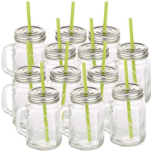 PEARL Gläser: Retro-Trinkglas mit Henkel, Deckel und Trinkhalm, 12er-Set (Limonadengläser mit Henkel, Glas mit Deckel und Strohhalm, Griff)