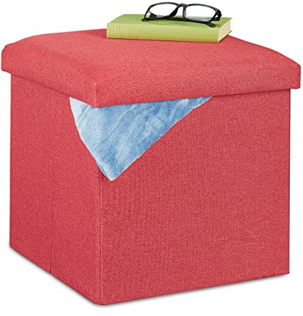 Relaxdays Sitzhocker mit Stauraum, faltbar, weich gepolstert, eckig, Stoff, Sitzwürfel, HBT: 37 x 37,5 x 37,5 cm, rot