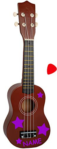alles-meine.de GmbH Kinder - Gitarre/Ukulele - aus Holz - Motiv & Farbwahl - dunkel braun & Sterne lila - violett - inkl. Name - hochwertige Konzertgitarre - 55 cm - Klassik - ..