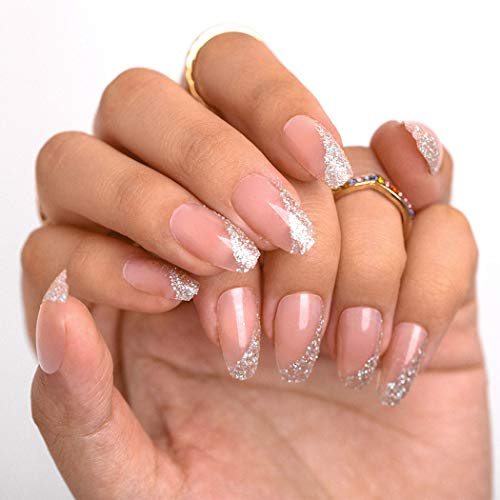 Sethexy Glänzend Ballerina Falscher Nagel Meidum Funkeln Bling Sarg Rosa Falsche Fingernägel 24St Französisch Acryl Kunst Drücken Sie auf Nagelspitzen für Frauen und Mädchen