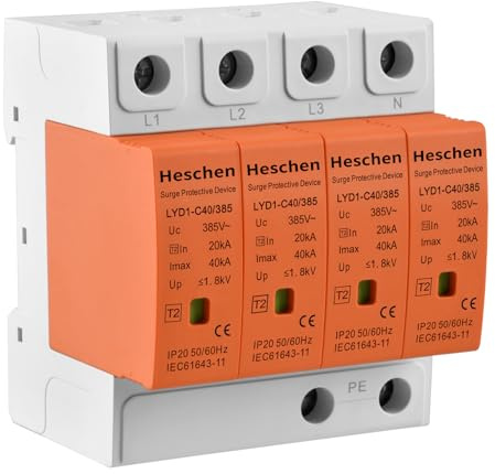 Heschen Überspannungsschutzgerät, LYD1-C40/385, 4P 385V 20KA Feuerfester Niederspannungsableiter, 35mm DIN-Schienenmontage (Kein Remote-Terminal)