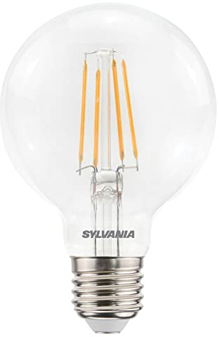 SYLVANIA LED-Lampe, E27 Sockel, 640 Lumen, Homelight (2700 Kelvin), 6 Watt Leistung, 15000h Lebensdauer, 80mm Durchmesser, 122mm Länge, Klarer Globe Kolben, 1er Pack