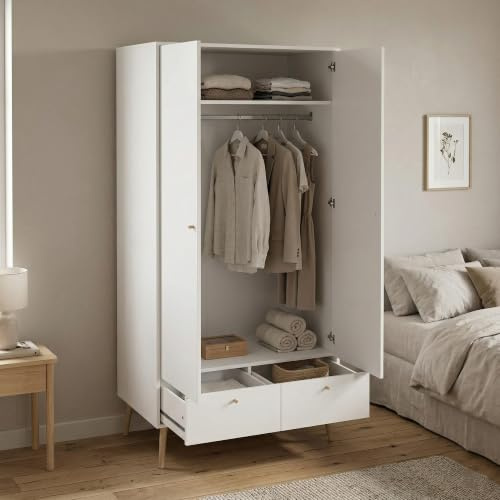 Dmora - Kleiderschrank 2 Türen Jolene, Schlafzimmermöbel, Schrank, Garderobe, 99x58 h200 cm, Weiß
