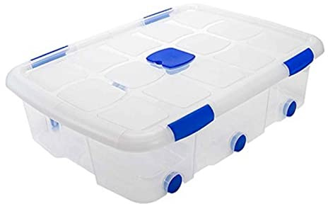 AC - Caja de ordenación con Tapa y Ruedas de plástico Transparente N.º 14. Contenedor para almacenar Juguetes, Libros, Ropa, Mantas. Capacidad 56 litros. Dimensiones Aprox.: 76,2 x 55,9 x 18,2 cm