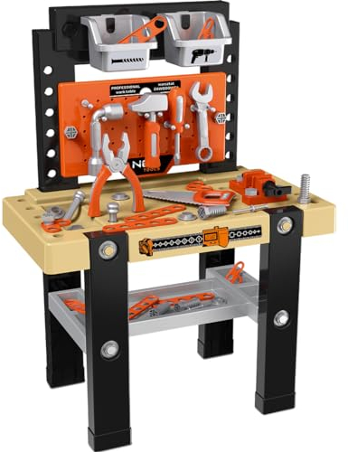 Miniwerkstatt für Kinder, Werkbank und 64 Teilen, Inkl. Werkzeugen und Zubehör | Maße nach dem Falten 27x50x68 cm. Workshop, Spielzeug für Kinder ab 3 Jahren | Holzoptik-Arbeitsplatte