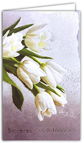 14-625 Tarjeta ilustrada con sobre blanco 12x19,5cm Sinceros CONDOLEANCIAS Plateado Relieve Papel Relieve Recortado Ramo de Flores Tulipanes Blancos Pureza Ceremonia de Dioses Secular