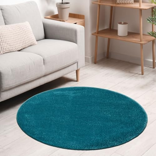VIMODA Teppich rund Wohnzimmer Kurzflor Einfarbig für Schlafzimmer kinderzimmer weich Rund, Farbe:Blau, Size:160 cm Round