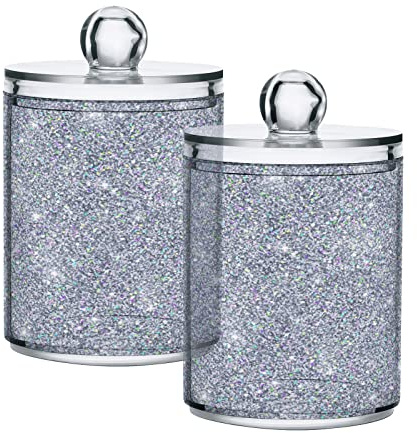 JUMBEAR 2 Pack Silver Glitter Texture Qtip Holder Organizer Dispenser，Bathroom Storage Canister Cotton Ball Holder Bathroom Containers for Cotton Swabs/Pads/Floss