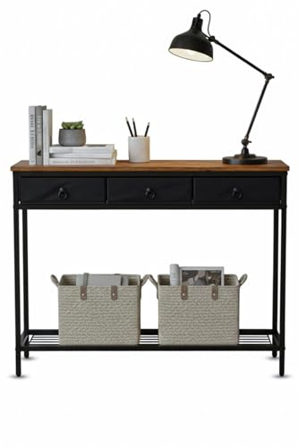 Console Table, Hallway Table, Slim Sofa Table with 3 Non-woven Drawers, Metal Mesh Frame, Sturdy, Narrow Side Table for Small Spaces, Entrance, Living Room, Industrial, Rustic Brown