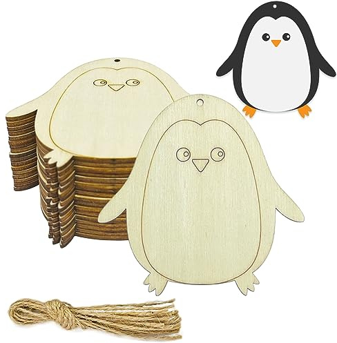 20 Stück unlackierte Pinguin-Holzausschnitte Pinguin-Holz DIY Handwerk Ausschnitte blanko Holz Form hängende Ornamente mit Loch Hanfseile Geschenkanhänger