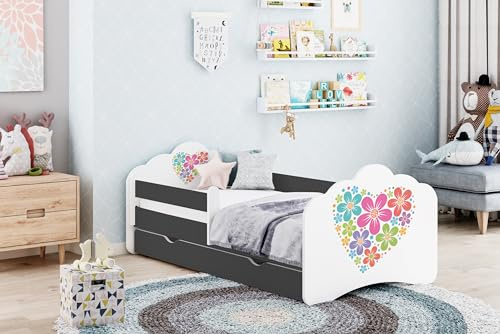 Happy Babies MOBI Kinderzimmer Bett 160 x 80 Kinderbett mit Rausfallschutz und Schublade 80x160 Bett für Mädchen mit Matratze Herz in Blüte Muster