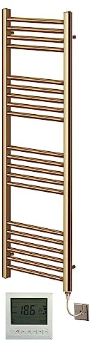 Greened House Electric Brushed Brass Straight Heated Towel Rail 300mm Wide x 1200mm High Flat Towel Radiator + Timer and Thermostat