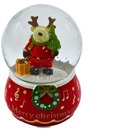 Bola de nieve con alce sobre base roja con adornos y texto – Merry Christmas – Tamaño: H/Ø 9,5 x 6,5 cm aprox