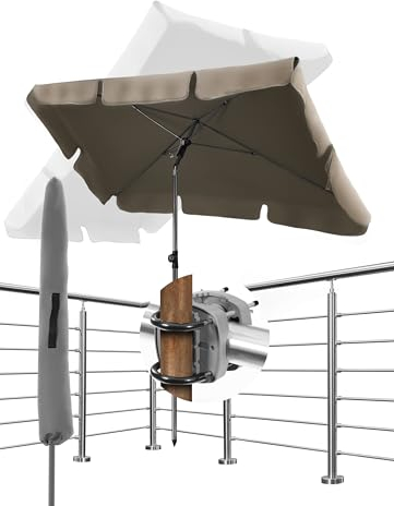 Menz Sonnenschirm Balkon - 3-IN-1 Sonnenschutz Balkon SET in Anthrazit, UPF 50+ Sonnenschirm rechteckig 200 x 125cm + Sonnenschirmhalter Balkongeländer + Sonnenschirmhülle