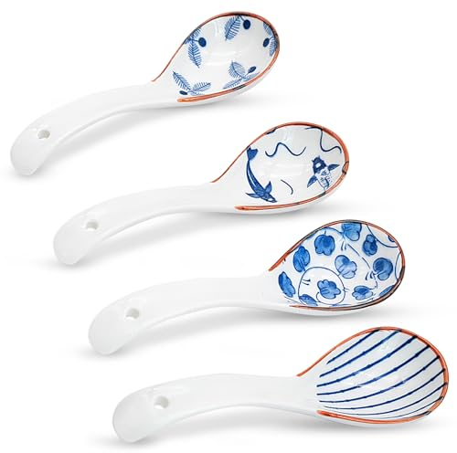 4 PCS Chinese Soup Spoons, 6.2 Inch Ceramic Ramen Spoons, Japanese Retro Style Soup Spoon, Creative Porcelain Asian Soup Spoon for Rice Wonton Pho Dumpling Noodles Cream Dishwasher Safe