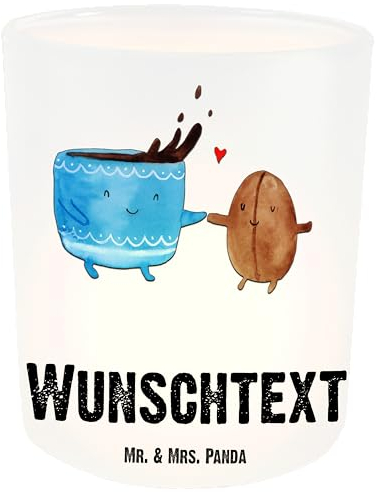 Mr. & Mrs. Panda Personalisiertes Windlicht Kaffee Bohne - Personalisierte Geschenke, Windglas, Lustige Sprüche, Zufriedenheit, Kerzengläser, Kaffeebohne, Vintage mit Namen, Windlichtgläser, Genuss