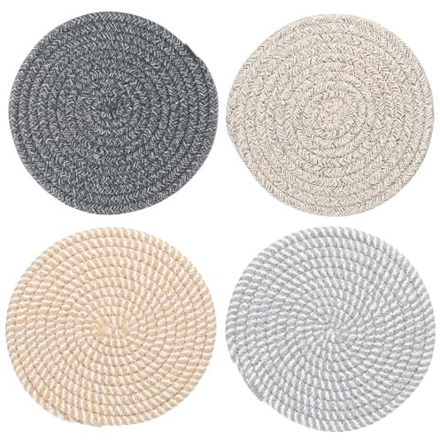 PATIKIL Plant Coasters 7 Inch, 4 Pcs Woven Plant Mat Round Pads Set for House Indoor Outdoor Gardening Pot Kitchen Table Stripe Color Set