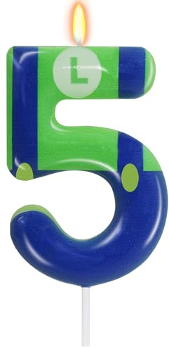 Green Blue 5 Birthday Candle for Boys Girls - Birthday Cake Decorations, Number 5 Cake Topper, Cartoon Game Themed Party Decor