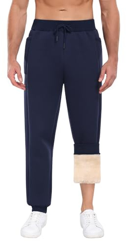 Niwicee Herrjoggingbyxor fleece joggingbyxor casual termiska träningsoverall byxor vinter varma plyschbyxor med fickor dragsko loungebyxor, Marinblått Xsp, L