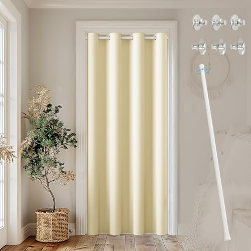 JCyh Tenda per Porta Termica Isolante Freddo e Caldo con Pomelli Magnetici, Tenda Oscurante Beige Chiaro 132x210cm per Porta dell'Armadio e Porta dello Spogliatoio