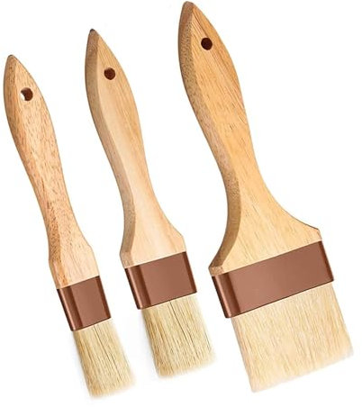 3 Pezzi,Setole Naturali Pennello,Pennelli per Pasticceria,Pennello per Imbastitura,Salse Pennello da Cucina,con Setole di Cinghiale e Manici in Legno Massiccio Laccato,per Grigliare,Cucinare,Salse