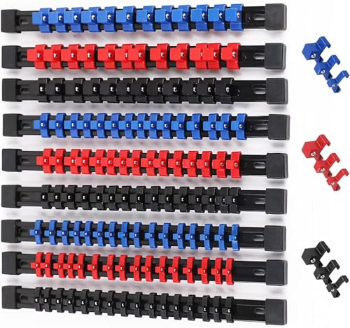 SWANLAKE 9-Piece Socket Organiser Set, 1/4-Inch, 3/8-Inch, 1/2-Inch Socket Holder Total 129 Clips, Sockets Rail for Tool Box Drawer, Premium Quality Sockets Clip Tray Holder