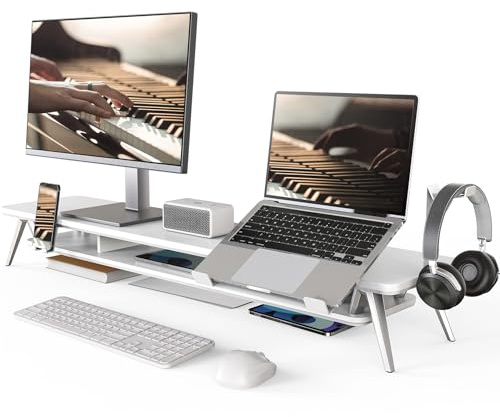Fenge Monitorständer, 108cm, Monitor Stand, für Laptop PC TV, Weiß | 2 Geräte, Bis 45kg, Handy/Laptop/Tablet/Kopfhörer-Halter, Zubehör L/R Montierbar, Bildschirm Computer Schreibtisch Büro Home