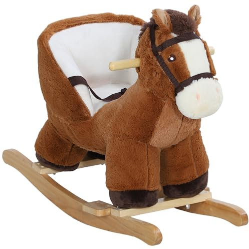 AIYAPLAY Caballo Balancín para Niños de 18-36 Meses Caballo de Juguete con Mangos Sonido Cinturón de Seguridad y Base de Madera de Álamo Carga 25 kg 68x33x45 cm Marrón
