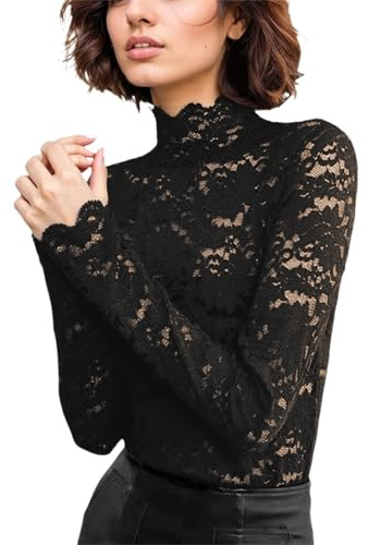 Haut en dentelle florale pour femme - Top à manches longues - Col montant - Transparent - Maille - Sous-vêtements - Chemisier - Chemise - Sexy - Mince - Hauts de loisirs - Noir - Haut en dentelle