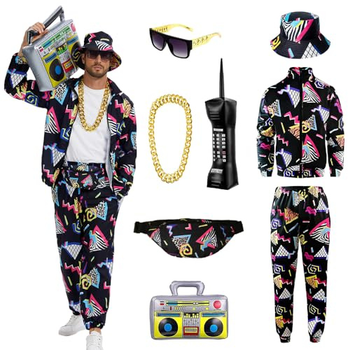 YQVGFBY Träningsset för herrar, retro 80-tal, halloweenkostym, karneval, jogging, badass-kostym, 8 delar, svart, XXXL