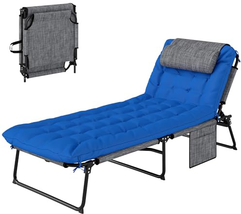 Outsunny Sonnenliege klappbar Gartenliege mit Kopfkissen, Liegestuhl mit 4-Fach verstellbare Rückenlehne, wetterfeste Campingliege, Gartenstuhl bis 120 kg belastbar, für Garten Outdoor Pool, Blau