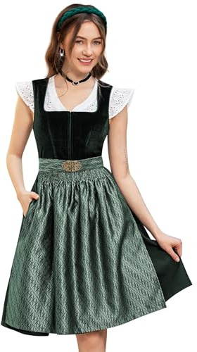 DirndlStern Dirndl Damen Trachtenkleid Grün - Trachtenrock Midi Samt Dirndlkleid Oktoberfest Outfit mit Dirndlschürzen 38