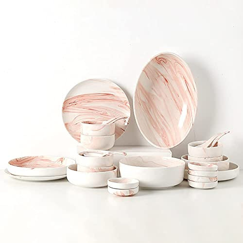 SGKOMN Juego de vajilla de cerámica, Resistente al desportillado y Jaspeado Rosa. Vajilla combinada de Porcelana con Platos y Cuencos para Fiestas en Interiores y Exteriores. Rosa., Pink