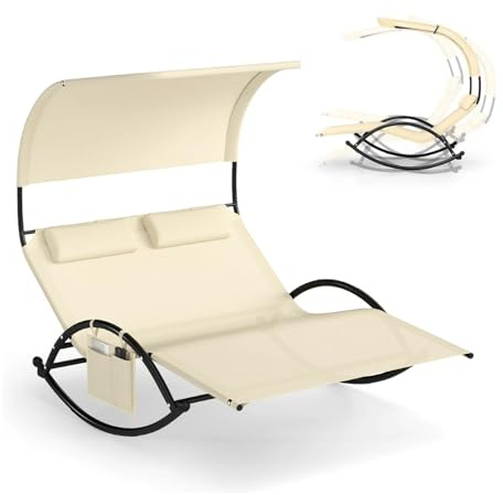 KOMFOTTEU Schaukelliege für 2 Personen, Sonnenliege mit Sonnenblende & Kopfstütze, Doppelliege bis 300 kg belastbar, Gartenliege Relaxliege für Terrasse, Pool (Beige)