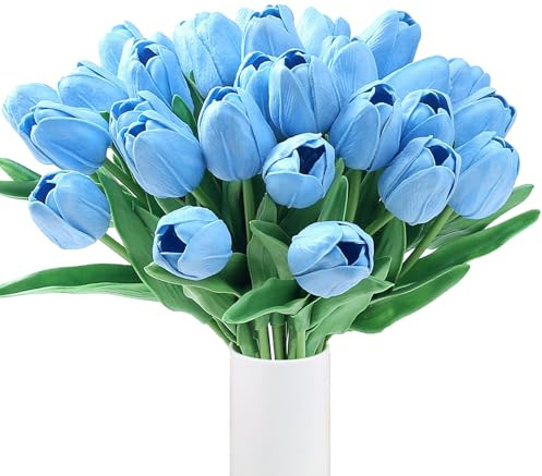 XIANNVXI 15 Stück Blaue Tulpen Künstlich wie Echt Real Touch Latex Künstliche Tulpen Blaue Fake Kunstblumen Blumensträuße Tulpe Blumen Arrangement für Hochzeitsstrauß Muttertag Party Dekor